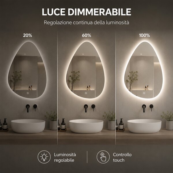 Specchio a Goccia 50x60 cm LED a 3 Colori Dimmerabile Accensione Touch