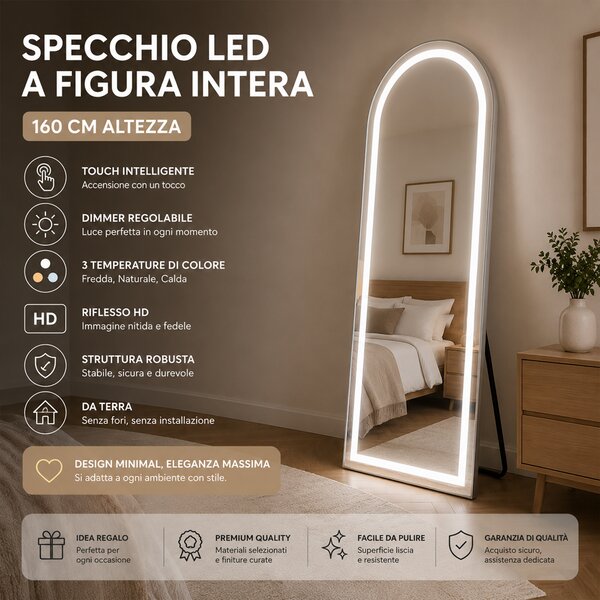 Specchio ad Arco 160x50 cm Figura Intera e LED a 3 Colori Dimmerabile in Alluminio
