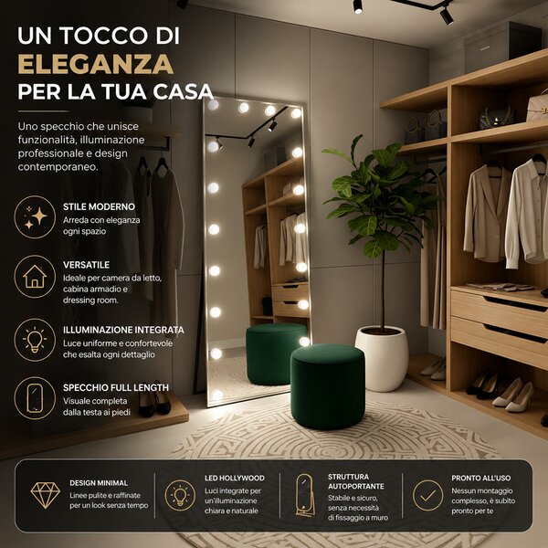 Specchio XXL Hollywood Figura Intera 60x160 cm Autoportante con LED 3 Colori