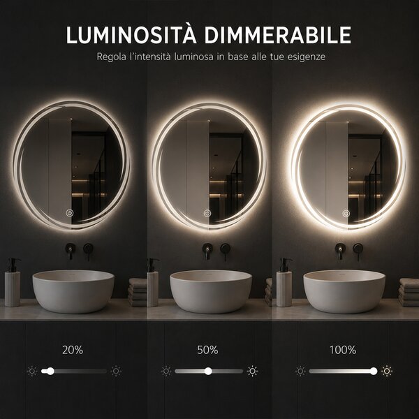 Specchio Rotondo Ø70cm con Spirale LED a 3 Colori Dimmerabile Accensione Touch
