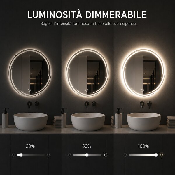 Specchio Rotondo Ø60cm con Spirale LED a 3 Colori Dimmerabile Accensione Touch