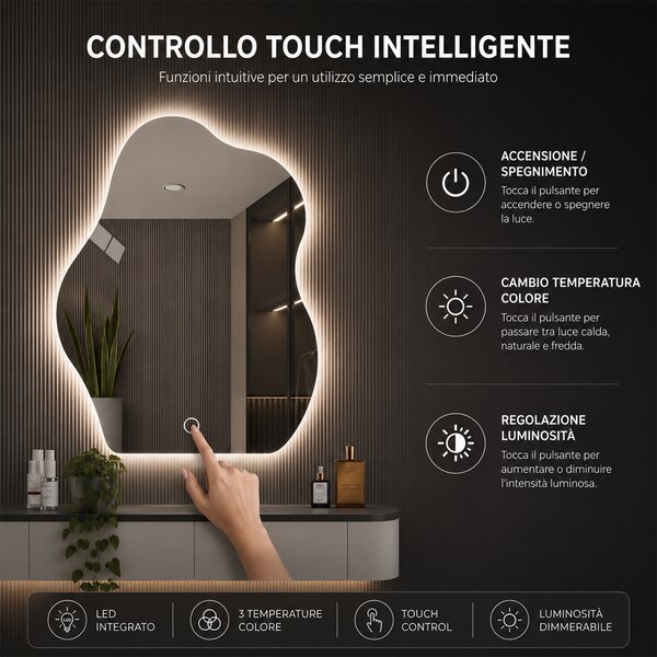 Specchio Forma Ondulata da Parete 50x70cm con LED 3 Colori Accensione Touch