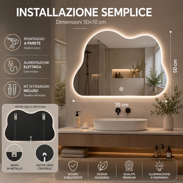 Specchio Nuvola 50x70 cm con LED 3 Colori Dimmerabile con Pulsante Touch