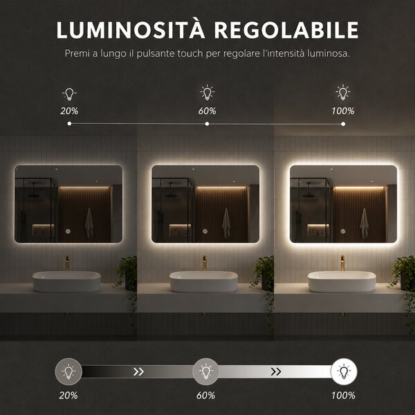 Specchio Rettangolare 70x50 cm con LED 3 Colori Dimmerabile Pulsante Touch