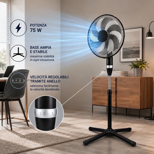 Ventilatore a Piantana 75W con 6 Pale Ø40 cm e Griglia 45 cm 3 Velocità Nero