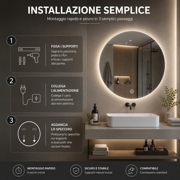 Specchio Rotondo Ø60 cm LED a 3 Colori Retroilluminato Accensione Touch