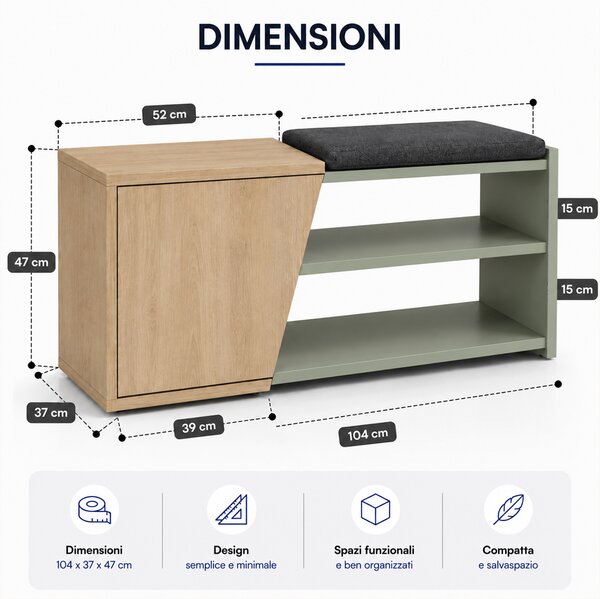 Panca Scarpiera da Ingresso 104x37x47 cm 2 Ripiani Porta Scarpe con Anta e Cuscino in MDF Verde