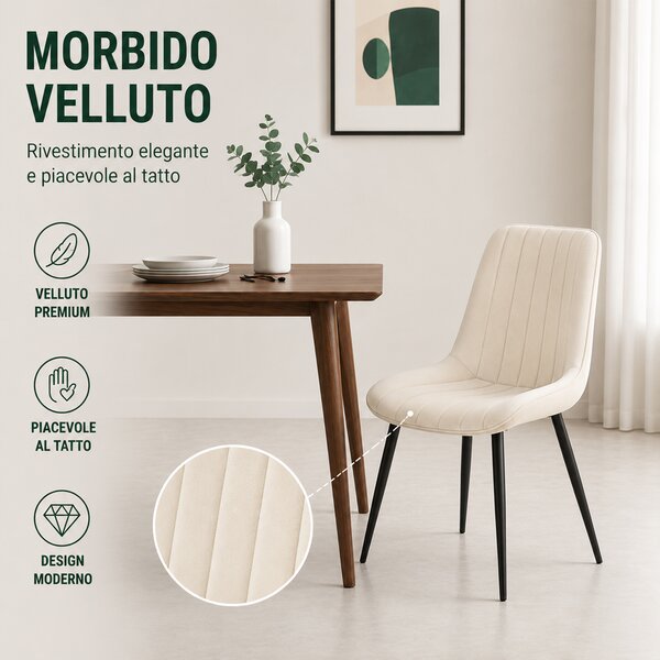 Set 4 Sedie da Pranzo Seduta Ergonomica 43x52x85 cm Struttura in Acciaio in Velluto Crema