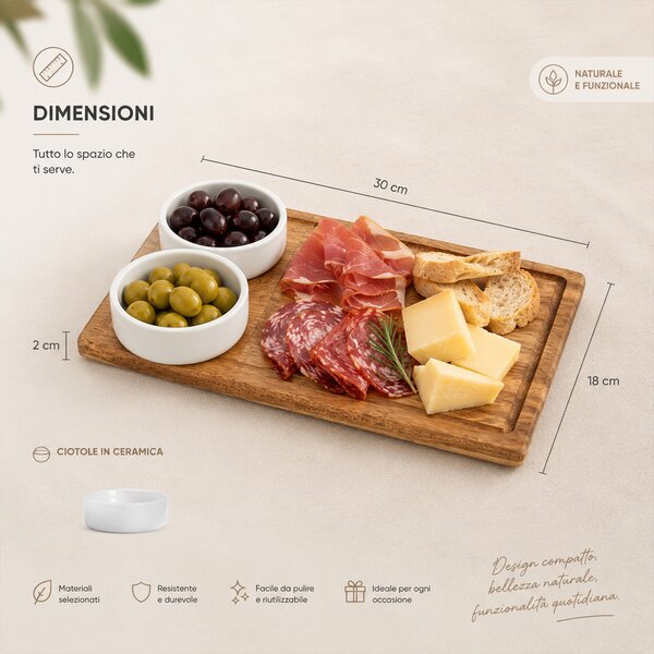 Vassoio Tagliere da Portata 30x18 cm 2 Ciotole per Aperitivo in Ceramica Bianco