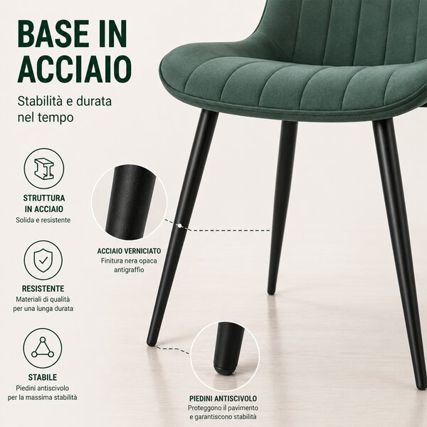 Set 4 Sedie da Pranzo Seduta Ergonomica 43x52x85 cm Struttura in Acciaio in Velluto Verde