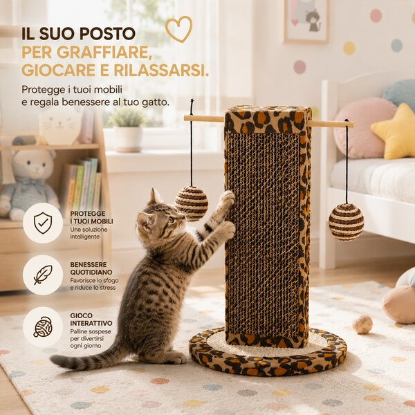 Tiragraffi per Gatti Verticale da 30 cm Graffiatoio Gioco con Palline per Felini in Cartone Ondulato Marrone