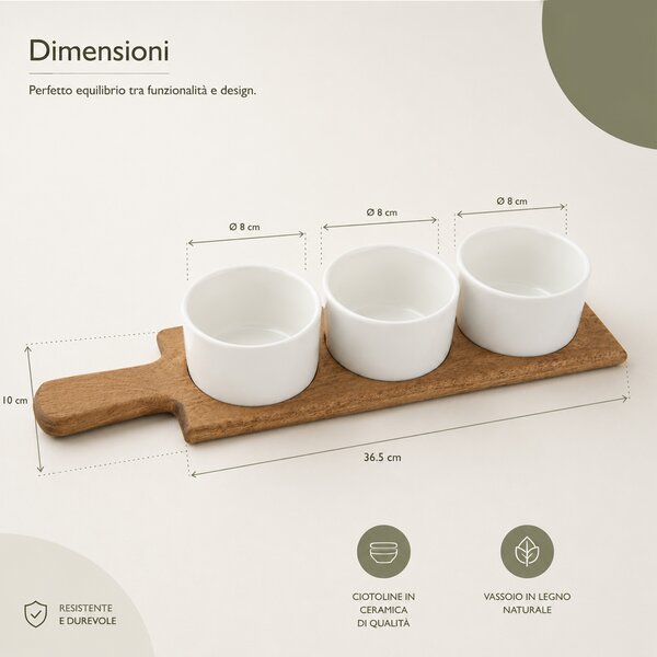 Vassoio Aperitivo da Portataa 36,5x10 cm in Legno Ciotole Ciotoline in Ceramica Bianco