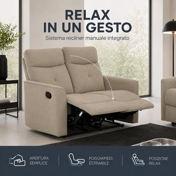 Divano 2 Posti 132x96x103 cm Recliner Manuale 2 Posti in Tessuto Tortora