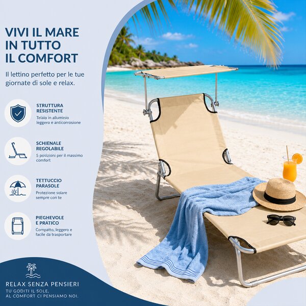 Lettino Mare Pieghevole Leggero con Parasole Regolabile in Tessuto Beige