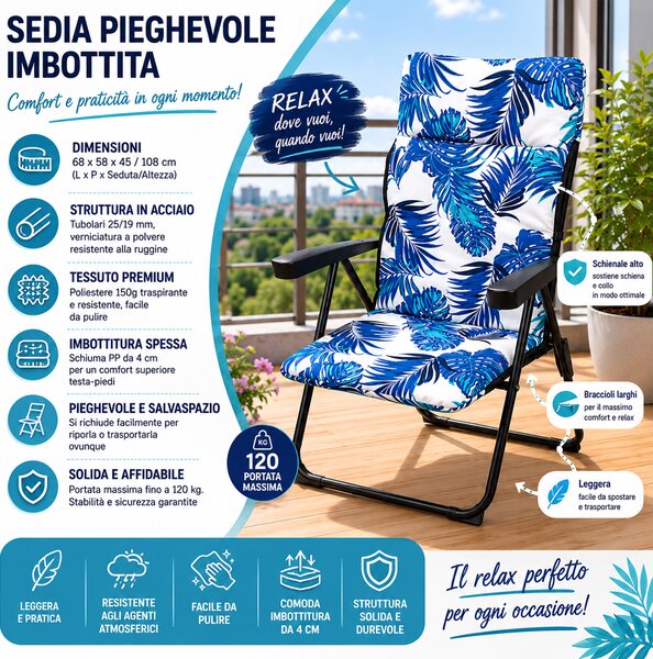 Sedia Sdraio 68x58x45-108 cm Relax con Cuscino Design Floreale Struttura Pieghevole in Acciaio e Poliestere Blu e Bianco