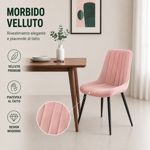 Set 4 Sedie da Pranzo Seduta Ergonomica 43x52x85 cm Struttura in Acciaio in Velluto Rosa