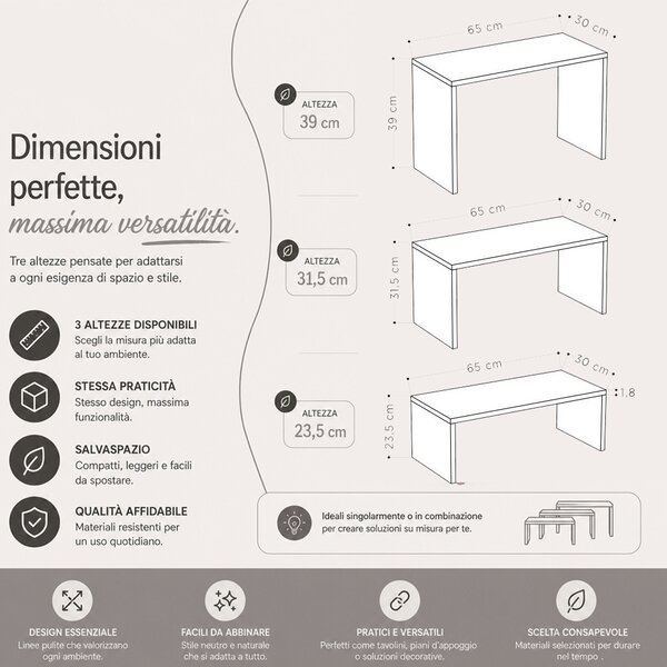 Set 3 Pezzi Tavolini Caffe Rettangolare a Incastro in Legno MDF Quercia