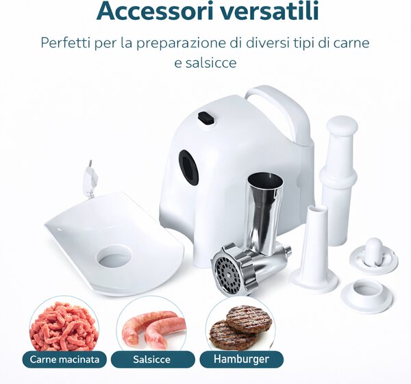 Tritacarne Elettrico Potenza 1000W con Lame in Acciaio Inox e Accessori Bianco