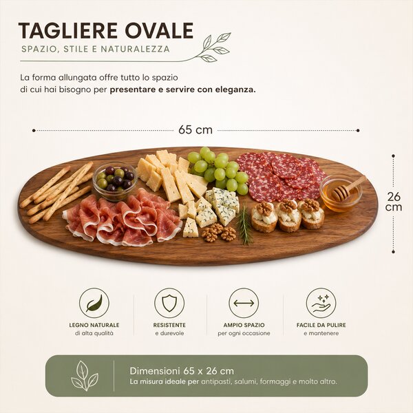Vassoio Tagliere da Portata Ovale per Aperitivi 65x26 cm in Legno