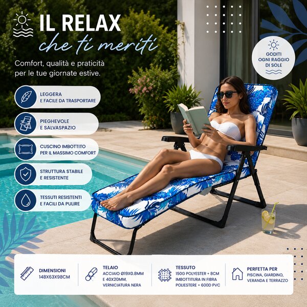 Sedia Sdraio 148x63x98 cm Relax Pieghevole Imbottita con Cuscino Design Floreale Blu e Bianco