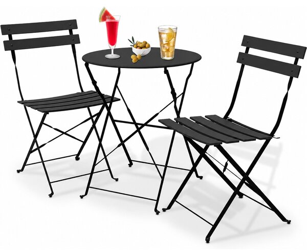 Set 3 Pezzi Giardino Tavolo con 2 Sedie Bistrot Pieghevole Modello Parigi Nero