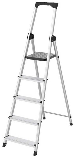 Scala Domestica 5 Gradini Scaletto Antiscivolo con Porta Utensili in Alluminio Argento