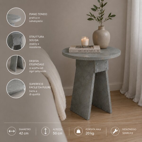 Tavolino Rotondo da Soggiorno 42x23,5x50 cm Tavolo Design Minimal Cemento