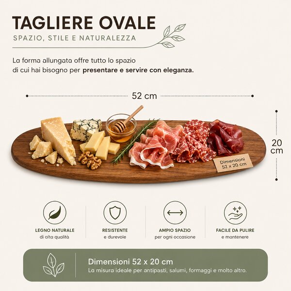 Vassoio Tagliere da Portata Ovale per Aperitivi 52x20 cm in Legno