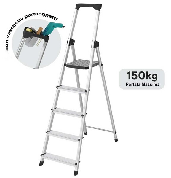 Scala Domestica 5 Gradini Scaletto Antiscivolo con Porta Utensili in Alluminio Argento