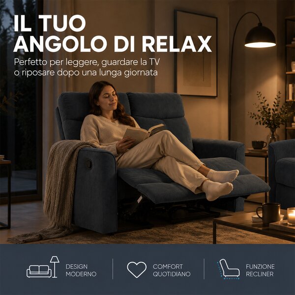 Divano 2 Posti 132x96x103 cm Recliner Manuale 2 Posti in Tessuto Tortora Grigio