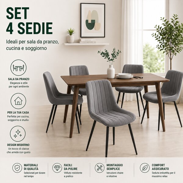 Set 4 Sedie da Pranzo Seduta Ergonomica 43x52x85 cm Struttura in Acciaio in Velluto Grigio