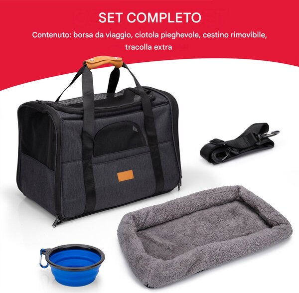 Borsa per Trasporto per Animali 44x31x34 cm Trasportino Pieghevole con Ciotola Pieghevole Nero