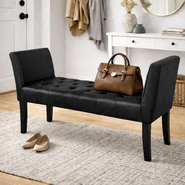Panca Fondoletto Ingresso 111x40x60 cm con Piedi in Legno e Rivestimento Ecopelle Nero