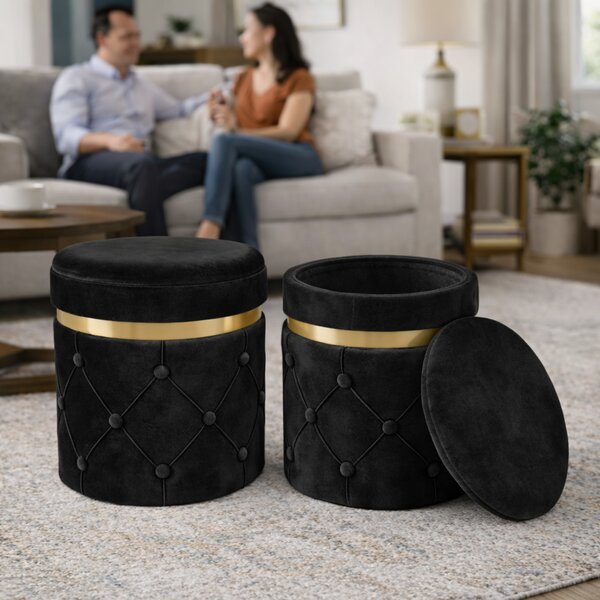 Set 2 Pouf Contenitori 38x44 cm e 31x38 cm con Design Trapuntato in Velluto Nero