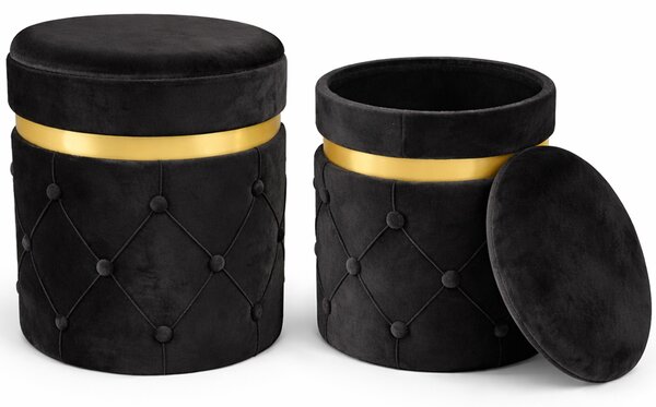Set 2 Pouf Contenitori 38x44 cm e 31x38 cm con Design Trapuntato in Velluto Nero