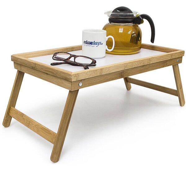 Vassoio Colazione a Letto 50x30x22 cm con Gambe Pieghevoli Salvaspazio in Bambù Bianco