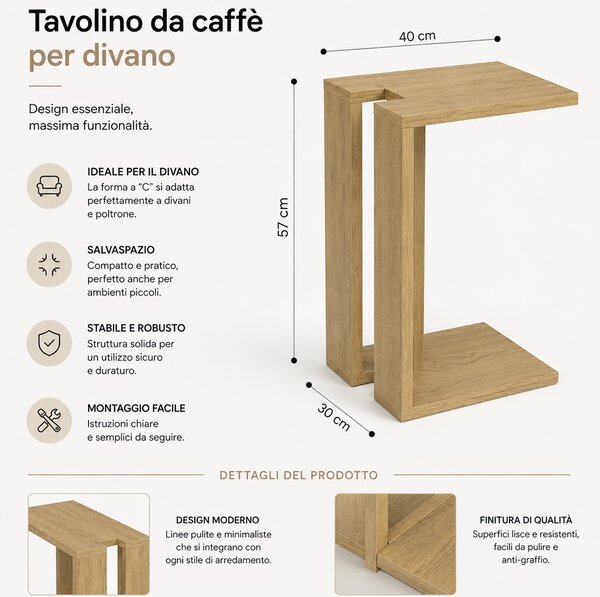 Tavolino da Caffè 57x40x30 cm Porta PC Laterale Divano in Legno MDF Quercia