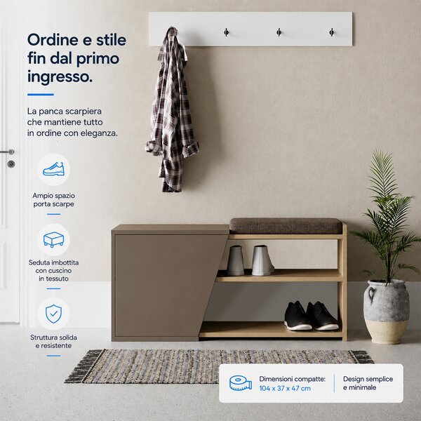 Panca Scarpiera da Ingresso 104x37x47 cm 2 Ripiani Porta Scarpe con Anta e Cuscino in MDF Moka
