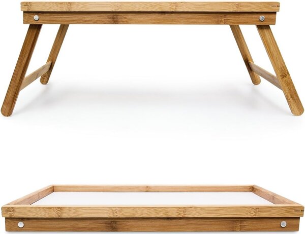 Vassoio Colazione a Letto 50x30x22 cm con Gambe Pieghevoli Salvaspazio in Bambù Bianco
