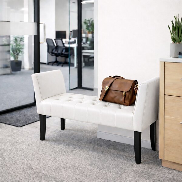 Panca Fondoletto Ingresso 111x40x60 cm con Piedi in Legno e Rivestimento Ecopelle Bianco