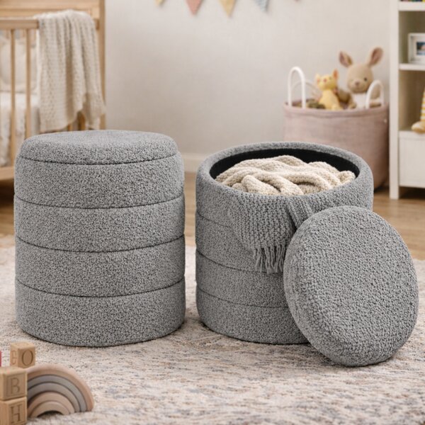 Set 2 Pouf Contenitori 43x45 cm e 35x40 cm Seduta Imbottita Rivestimento Bounclè Grigio