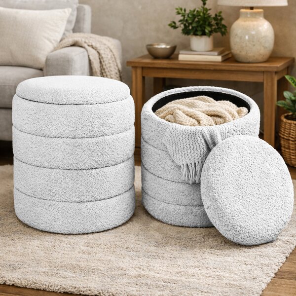Set 2 Pouf Contenitori 43x45 cm e 35x40 cm Seduta Imbottita Rivestimento Bounclè Bianco