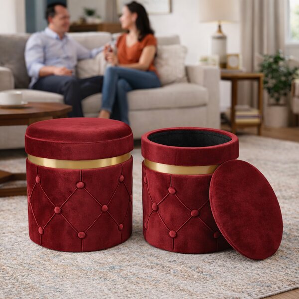 Set 2 Pouf Contenitori 38x44 cm e 31x38 cm con Design Trapuntato in Velluto Bordeaux