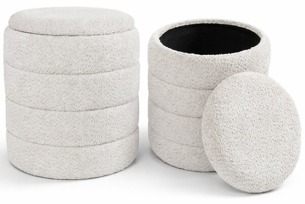 Set 2 Pouf Contenitori 43x45 cm e 35x40 cm Seduta Imbottita Rivestimento Bounclè Bianco