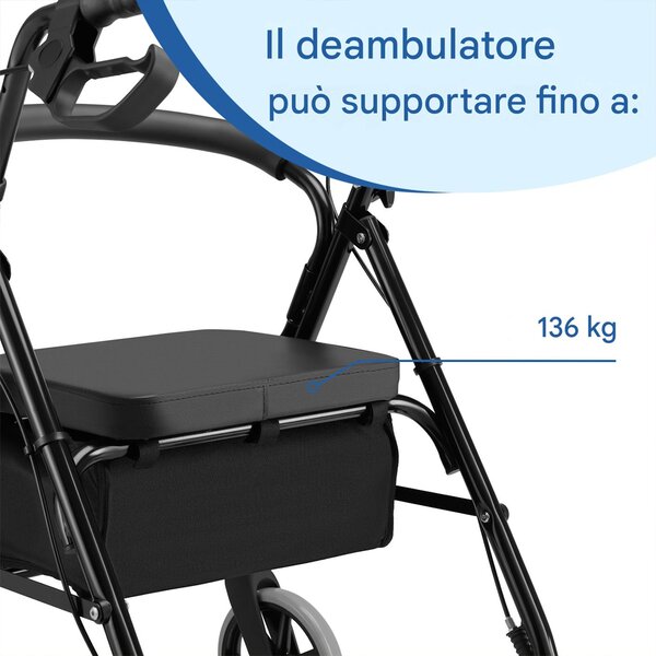 Deambulatore per Anziani Pieghevole 51,5x67 cm con Seduta Cestino e Freni in Alluminio Nero