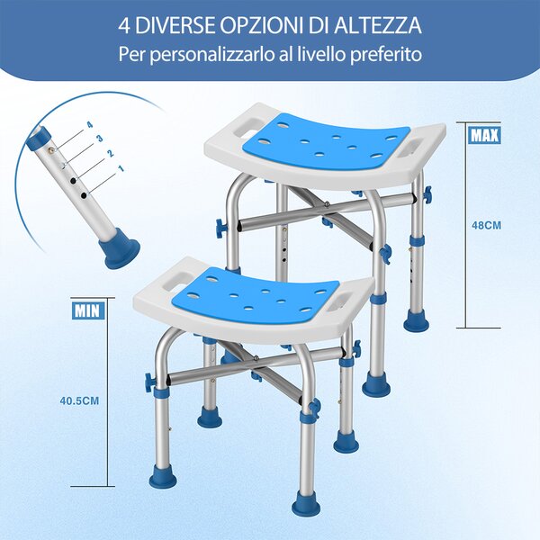 Sgabello Doccia Antiscivolo per Anziani e Disabili Altezza Regolabile 36x33x40,5–48 cm in Alluminio Blu