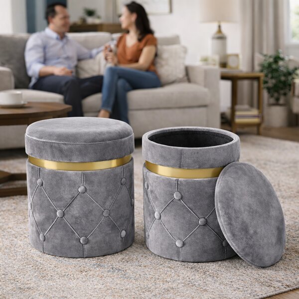 Set 2 Pouf Contenitori 38x44 cm e 31x38 cm con Design Trapuntato in Velluto Grigio