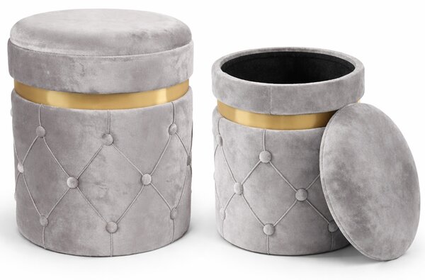 Set 2 Pouf Contenitori 38x44 cm e 31x38 cm con Design Trapuntato in Velluto Grigio