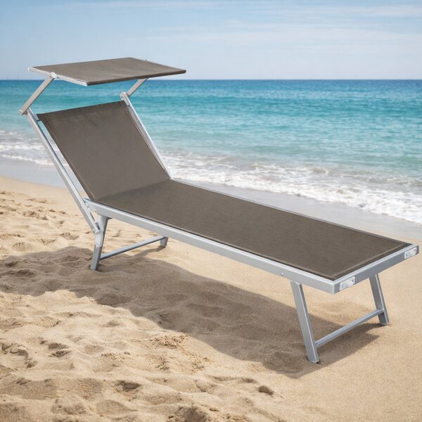 Lettino da Spiaggia Prendisole 190x60x40-90 cm Brandina con Parasole in Alluminio Tortora