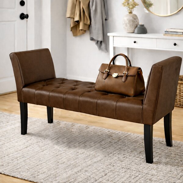 Panca Fondoletto Ingresso 111x40x60 cm con Piedi in Legno e Rivestimento Ecopelle Marrone
